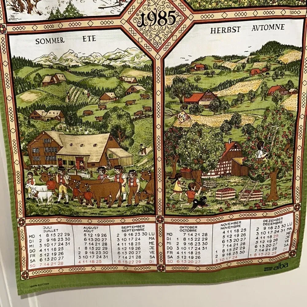 Vintage 1985 Alba cotton calendar tea towel/European scenes of the four‎ seasons